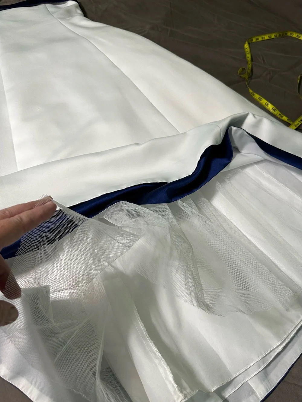 David's Bridal White Satin with Royal Blue Trim A-Line Formal Dress, Size 14. - Picture 9 of 9
